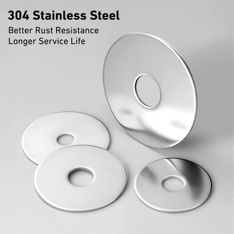 304 stainless steel Fender washers, thickened, 1/4 in ID x 2 in OD; several washers displayed.