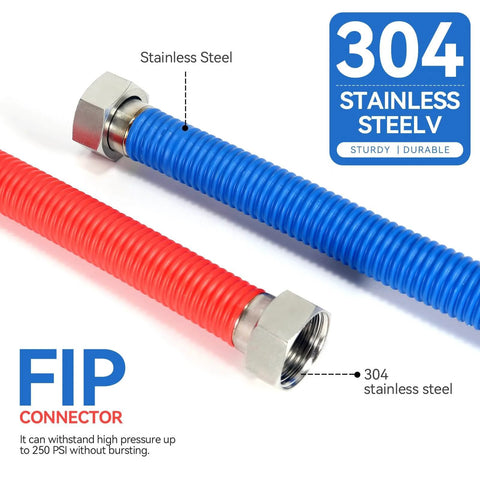 48 Inch Flexible Stainless Steel Corrugated Water Heater Connector Three Quarter Inch FIP To Three Quarter Inch FIP Hot And Cold