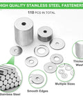 110 Pcs 304 Stainless Steel Metal Flat Washers for Screws and Bolts, assorted sizes M3-M12, displayed stacked and spread out