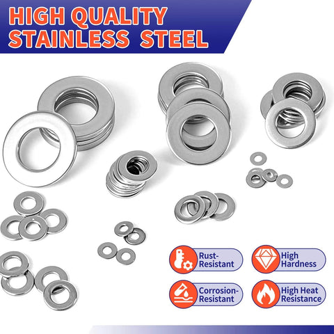 1100 Pcs Flat Washers Assortment Kit – 304 Stainless Steel, 9 Metric Sizes with rust and heat resistance icons.