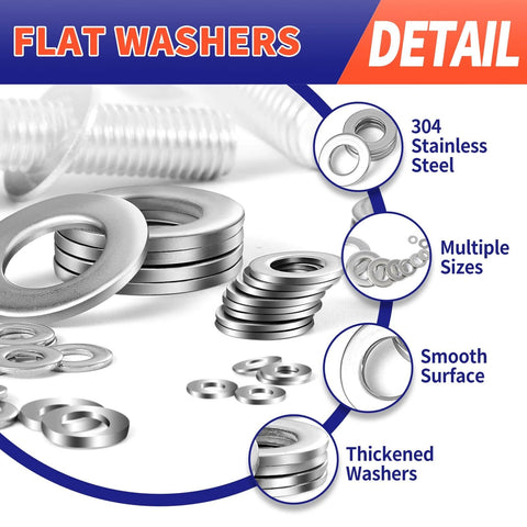 1100 Pcs Flat Washers Assortment Kit – 304 Stainless Steel, 9 Metric Sizes (M2–M12) detail with features highlighted