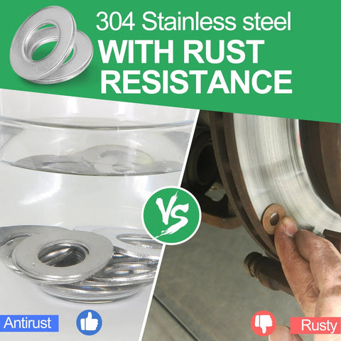 Comparison of 304 stainless steel flat washers with rust resistance and rusty washers on equipment