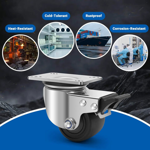 304 stainless steel heavy duty caster wheels with 2.5 inch swivel plate design, showcasing heat-resistant and rustproof features.