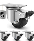 304 stainless steel heavy duty caster wheels with 2.5 inch swivel plate design, close-up of caster with brake.