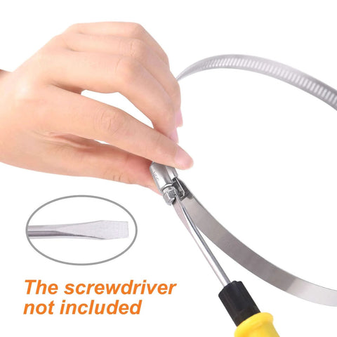 Demonstrating tightening of Pack Of 6 Adjustable 6 Inch Hose Clamps in 304 Stainless Steel with worm gear mechanism, no screwdriver.