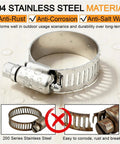 Image of a 210 Piece 304 Stainless Steel Hose Clamps Assortment Kit From One Quarter Inch To Two Inch Worm Gear Hose Clamps For Radiator Heater Automotive Mechanical Applications Pipe Tube Coolant Garden, focusing on anti-rust, anti-corrosion, and anti-salt water features.