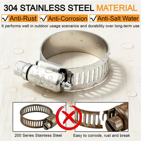 Image of a 210 Piece 304 Stainless Steel Hose Clamps Assortment Kit From One Quarter Inch To Two Inch Worm Gear Hose Clamps For Radiator Heater Automotive Mechanical Applications Pipe Tube Coolant Garden, focusing on anti-rust, anti-corrosion, and anti-salt water features.