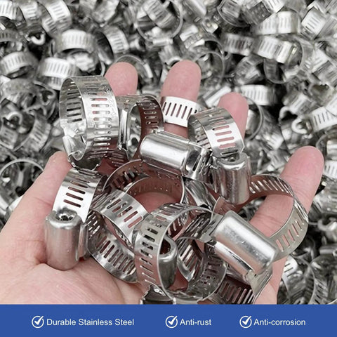 Hand holding 40 Piece Hose Clamp Set With 304 Stainless Steel Assortment From One Quarter Inch To One And One Eighth Inch Small Worm Gear Clamps Kit For Automotive Fuel Line Plumbing Mechanical Applications Marine And Home Improvement