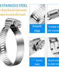 12 Pack 304 Stainless Steel SAE 24 Worm Gear Hose Clamps Adjustable From 1 And 1 Sixteenth Inch To 2 Inches Ideal For Automotive Marine Plumbing And Industrial Applications Corrosion Resistant Band Clamp Set image showing smooth edge, screw hole, and buckle design features.