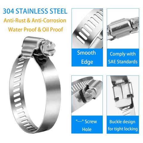 12 Pack 304 Stainless Steel SAE 24 Worm Gear Hose Clamps Adjustable From 1 And 1 Sixteenth Inch To 2 Inches Ideal For Automotive Marine Plumbing And Industrial Applications Corrosion Resistant Band Clamp Set image showing smooth edge, screw hole, and buckle design features.