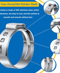 Close-up view of a 304 stainless steel single ear hose clamp from 115Pcs 10 Sizes 304 Stainless Steel Single Ear Hose Clamps Set With Ear Clamp Pliers Crimp Hose Clamps Assortment Kit For Auto Vehicles Home Appliance Plumbing Pipes Fuel Lines Stepless Clamp Range 6 to 28.6mm.