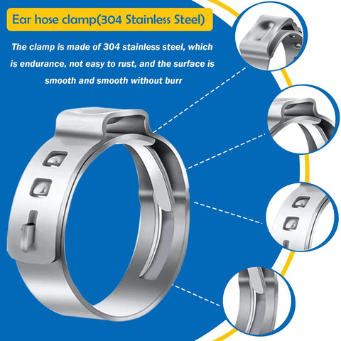 Close-up view of a 304 stainless steel single ear hose clamp from 115Pcs 10 Sizes 304 Stainless Steel Single Ear Hose Clamps Set With Ear Clamp Pliers Crimp Hose Clamps Assortment Kit For Auto Vehicles Home Appliance Plumbing Pipes Fuel Lines Stepless Clamp Range 6 to 28.6mm.