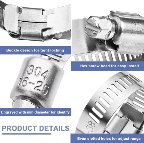 Close-up of 215 Piece 304 Stainless Steel Hose Clamp Kit One Quarter To Two And A Half Inches Worm Gear Clamps 6 To 63 Millimeters details