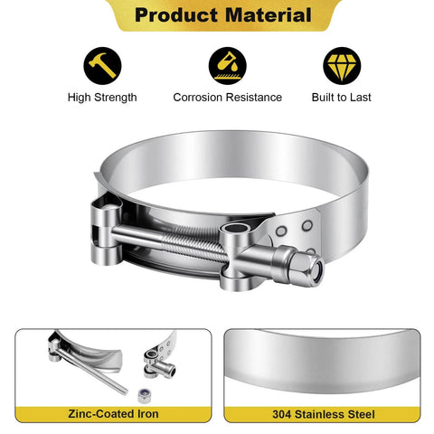 4 Pack 304 Stainless Steel T Bolt Hose Clamps 81mm To 89mm Adjustable Range For 3.18 To 3.5 Inch Hose Outer Diameter Intercooler Radiator Pipe Clamps For Silicone Coolant Hoses Durable Rustproof Construction, close-up of stainless steel material.