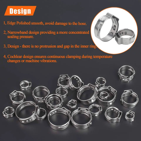 50 Pieces 12.8 To 15.3 Mm 304 Stainless Steel Single Ear Hose Clamps Set showing design features for plumbing use.