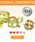 90 Pcs Spring Hose Clamps Assortment Kit With Eight Sizes 6 To 16 Mm Leakproof Fuel Line Clamps For Motorcycle Automotive Marine And Lawn Mower Spring Loaded Clip Straps For Secure Seals, showing stainless steel material description.