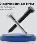 Two 304 stainless steel hex head lag screws showcasing rust resistance and durability on a blue display, highlighting key features.