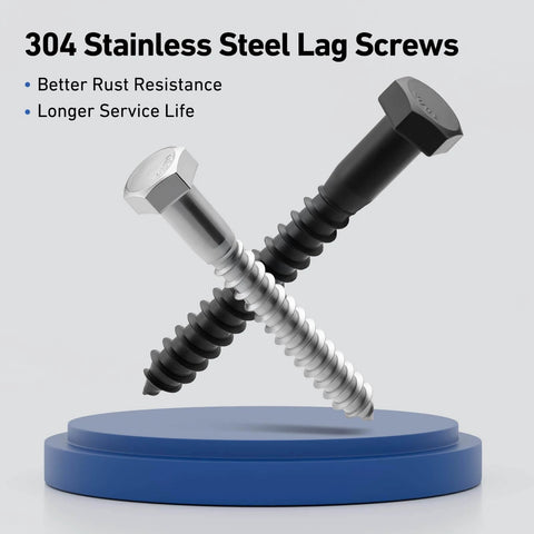 Two 304 stainless steel hex head lag screws showcasing rust resistance and durability on a blue display, highlighting key features.