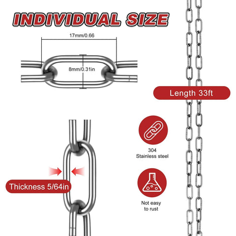 Diagram of 304 Stainless Steel Link Chain, 5/64in-33ft, showing individual link size and features