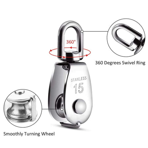 ✝️ ,2Pcs 304 Stainless Steel M15 Silver Single Pulley Block Wire Rope Hanging Wire Towing Wheel with swivel and smooth wheel