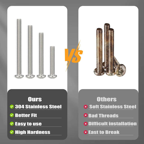 Comparison image of 110 Pcs #8-32 Machine Screws Assortment Kit with Phillips Pan Head 304 Stainless Steel Screws.