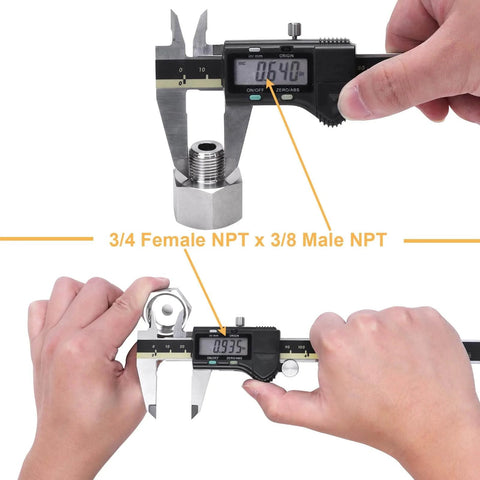 Forged 304 Stainless Steel Reducer Adapter Fitting Three Quarter NPT Female To Three Eighths NPT Male Pack Of Two with calipers