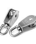 Two 304 Stainless Steel Pully Single Wheel Swivel Pulley Block Lifting Rope 25mm Sets, showing swivel mechanism and stainless finish.