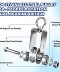 Cable Pulley Wheel 304 Stainless Steel Swivel Pulley with Ball Bearing, 360 Degree Rotation, U Groove 30mm, parts diagram
