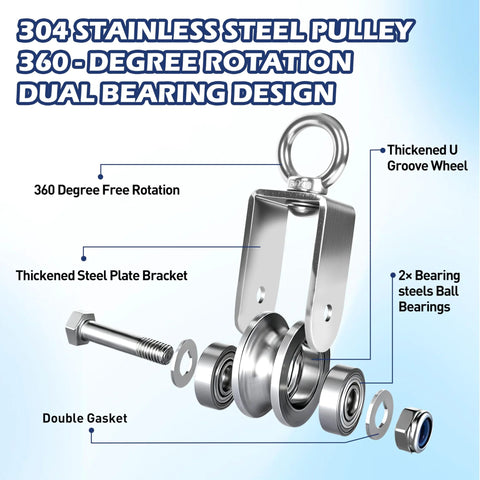 Cable Pulley Wheel 304 Stainless Steel Swivel Pulley with Ball Bearing, 360 Degree Rotation, U Groove 30mm, parts diagram