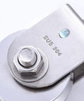 Close-up of 48MM Stainless Steel Crane Pulley Block and Tackle Pulley System showing SUS 304 marking and durable construction.