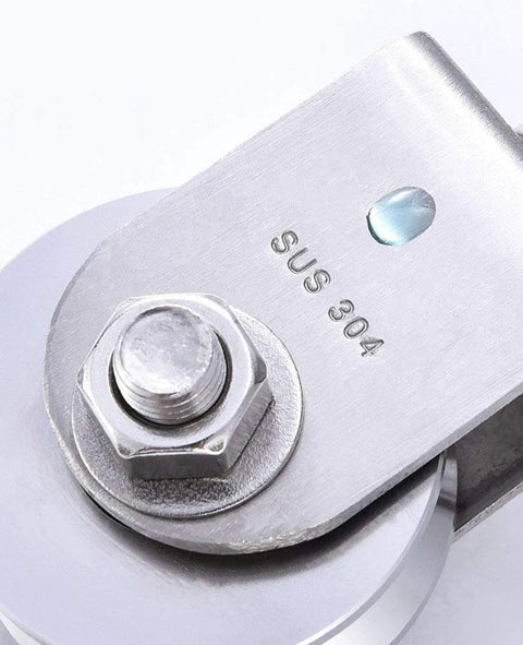 Close-up of 48MM Stainless Steel Crane Pulley Block and Tackle Pulley System showing SUS 304 marking and durable construction.