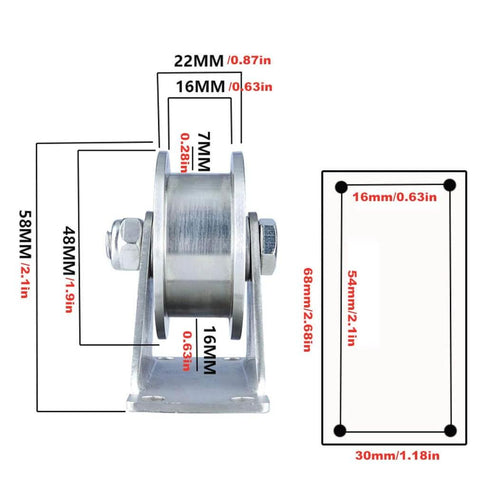 Pulley,Pulley Wheel, 304 Stainless Steel Pulley Groove Sliding Gate Roller Track Wheel,Heavy Duty Caster,2pcs,Mute Double Bearings,for Wire Rope Rail,Sliding Door(H Type,Slot Width 16MM) shown from side with measurements