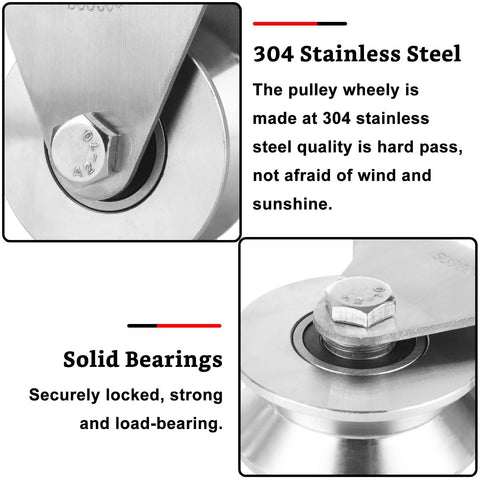 Close-up of Large 68mm V Groove Pulley Wheel With 304 Stainless Steel Silent Pulley Block highlighting solid duplex bearings.