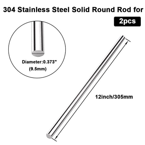 Two Pack Twelve Inch Long Three Eighths Inch Diameter 304 Stainless Steel Solid Round Rods for metalworking and DIY crafts