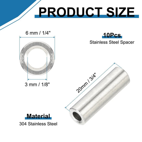 Durable 304 Stainless Steel Round Spacers 10 Pack Unthreaded Standoff Bushings product size with measurements and material