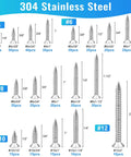 460 Pcs Stainless Steel Wood Screws Assortment Kit with 18 Sizes #4 #6 #8 #10 #12 Flat Head Screws layout in 304 stainless steel.