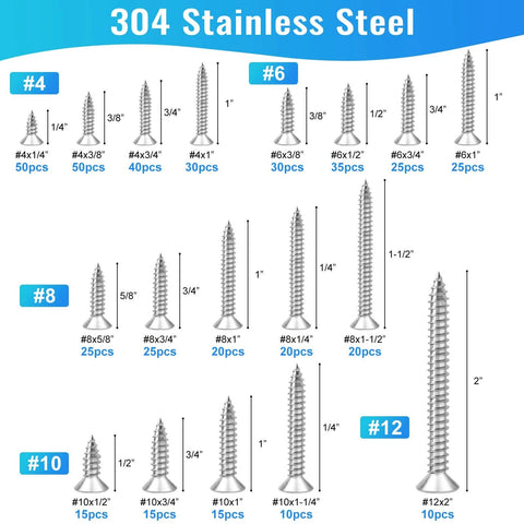 460 Pcs Stainless Steel Wood Screws Assortment Kit with 18 Sizes #4 #6 #8 #10 #12 Flat Head Screws layout in 304 stainless steel.
