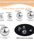 5 Size Set Of Screw Ball Backings For Threaded Posts 304 Stainless Steel Round Earring Backs Metal Ear Nuts Replacement 19/20 Gauge For Stud Earrings And Jewelry Making Supplies For Diy Projects