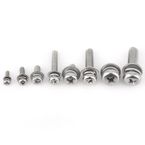 Assorted sizes of screws from 304 Grade Stainless Steel Screw And Nut Kit With 160 Pieces M2 M2.5 M3 M4 M5 Assortment in a row