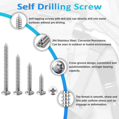 200 Pcs #6 Wood Screws Assortment Kit Made from 304 Stainless Steel Featuring Pan Head Self Tapping Sheet Metal Screws in 6 Lengths from 1/2 to 2 Inches with Screwdriver Bit for Wood Metal and Plastic, showcasing various screw types.