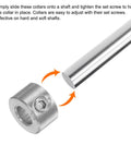 Heavy Duty 4 Pack Shaft Collars With One Quarter Inch Bore 304 Stainless Steel Set Screw Rings shown with shaft for industrial use