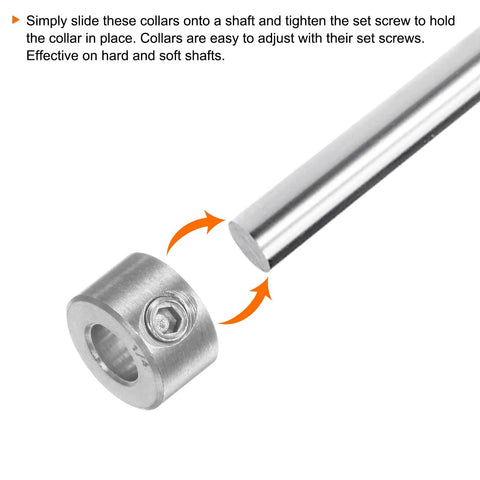 Heavy Duty 4 Pack Shaft Collars With One Quarter Inch Bore 304 Stainless Steel Set Screw Rings shown with shaft for industrial use