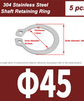 Eight Sizes External Circlip Snap Ring Set In 304 Stainless Steel From 35mm To 47mm For Cars, Electrical Systems And Bearings, Rust Resistant, Easy Fit, 5 Piece Pack displayed with measurements and specifications.