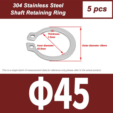 Eight Sizes External Circlip Snap Ring Set In 304 Stainless Steel From 35mm To 47mm For Cars, Electrical Systems And Bearings, Rust Resistant, Easy Fit, 5 Piece Pack displayed with measurements and specifications.