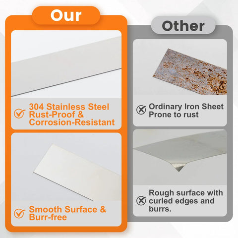 Comparison of 304 stainless steel rust-proof shim vs ordinary iron sheet with rust, highlighting quality difference.