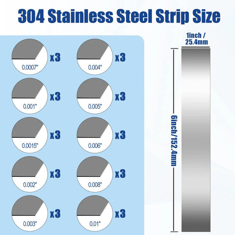 Illustration of 30 Piece Pro Grade Shim Stock Assortment In 304 Stainless Steel Strips 1 Inch Wide By 6 Inch Long Thicknesses From 0.0007 To 0.01 Inch Across Ten Sizes For Precision Machining Welding And Assembly Durable Metal Shims For Quick Fine Tuning And Calibration showing labeled thicknesses