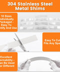 30 Piece Shim Stock Assortment Pack 1 Inch Wide By 6 Inch Long Stainless Steel 304 Shims displayed with cutting and bending examples