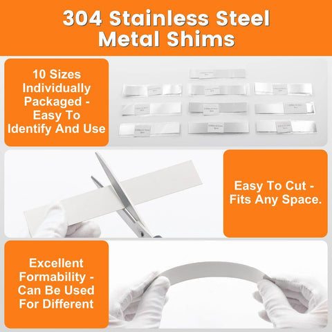 30 Piece Shim Stock Assortment Pack 1 Inch Wide By 6 Inch Long Stainless Steel 304 Shims displayed with cutting and bending examples