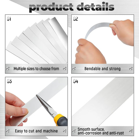 24 Pcs 304 Stainless Steel Shim Stock Assortment with eight thickness sizes, illustrating flexibility, durability, and smooth surface.