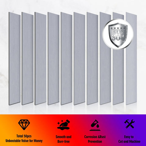 Stainless Steel Shim Stock Set Of 50 Pcs 0.001 To 0.01 Inch Thickness 1 By 6 Inch Shims for precise leveling displayed with SUS 304 icon